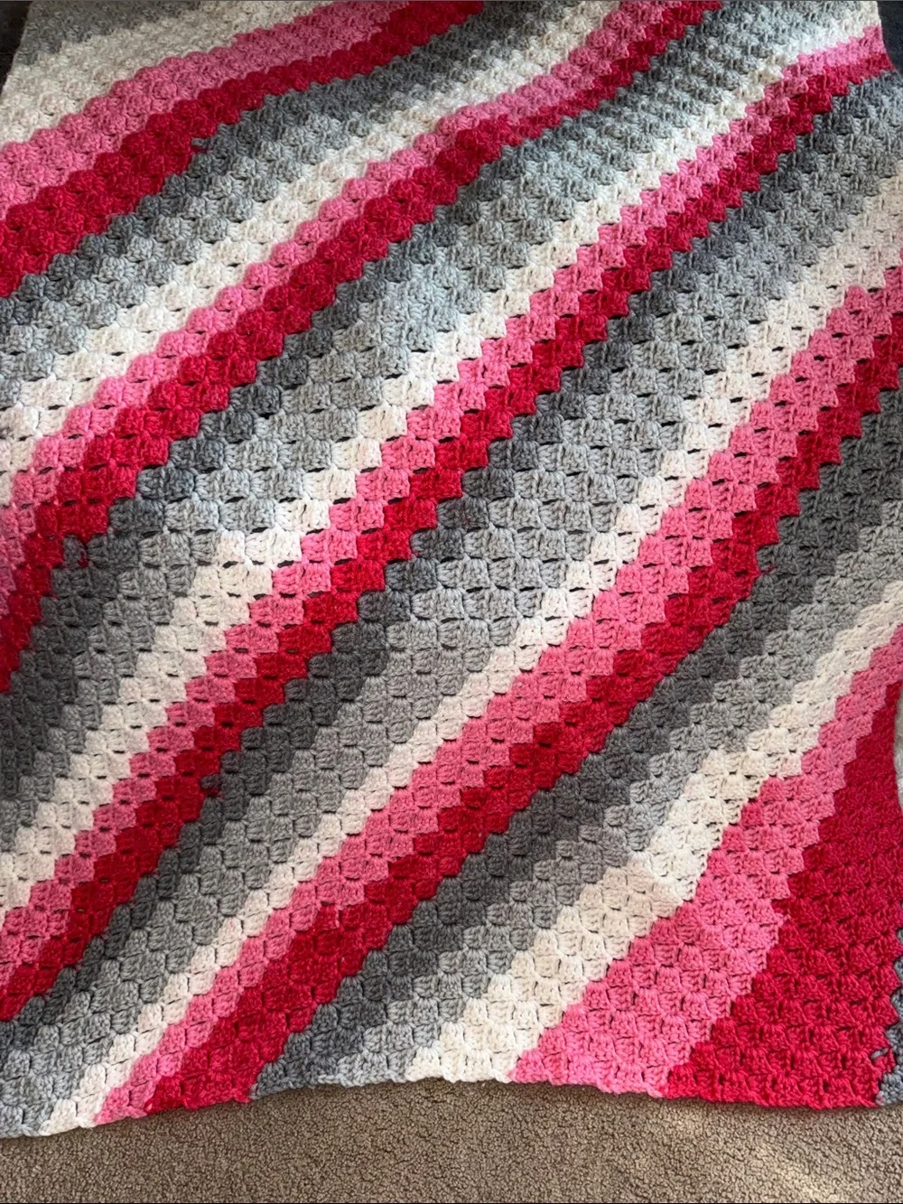Hand Crafted Pink, Hot Pink, Gray & White Crochet Throw Blanket